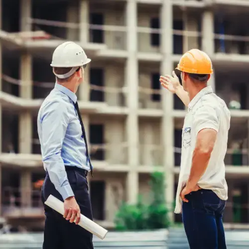 builders working with stair right